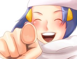 Rule 34 | 1girl, against glass, bad id, bad pixiv id, beanie, blue hair, blush, creatures (company), dawn (pokemon), closed eyes, fourth wall, game freak, hair ornament, happy, hat, highres, nintendo, parody, pointing, pokemon, scarf, skgt531, smile, solo, vocaloid, white scarf