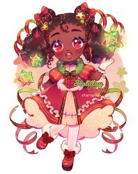 Rule 34 | 1girl, :o, boots, bow, brown hair, christmas, curly hair, dark-skinned female, dark skin, double bun, dress, frilled dress, frills, fur-trimmed boots, fur trim, gloves, hair bow, hair bun, juliet sleeves, lolita fashion, long sleeves, open mouth, original, puffy sleeves, red dress, red eyes, ribbon, ringlets, short twintails, solo, sparkling eyes, star (symbol), starlipop, twintails, wreath