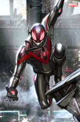 Rule 34 | 1boy, animal print, arm up, armor, artist name, commentary, drawing, english commentary, full body, highres, in-hyuk lee, instagram username, knee up, logo, looking at viewer, male focus, marvel, mechanical arms, mechanical legs, miles morales, power armor, signature, silk, solo, spider-man, spider-man: into the spider-verse, spider-man (series), spider-verse, spider print, spider web, spider web print, steam, sunlight, superhero costume, ultron, watermark, web address, western comics (style)