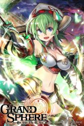 Rule 34 | 1girl, :d, blue eyes, breasts, copyright name, fingerless gloves, gloves, grand sphere, green hair, hair between eyes, hat, highres, holding, holding weapon, long hair, looking at viewer, medium breasts, midriff, navel, official art, open mouth, outdoors, samuraig, sidelocks, smile, standing, thighhighs, watermark, weapon, white hat