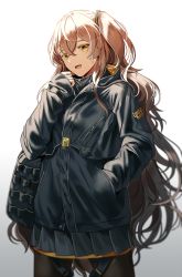Rule 34 | 1girl, :d, alternate costume, blush, brown hair, cowboy shot, girls&#039; frontline, gloves, gradient background, hair between eyes, hand in pocket, jacket, long hair, looking at viewer, official alternate costume, one side up, open mouth, pantyhose, pleated skirt, silence girl, simple background, skirt, sleeves past wrists, smile, ump45 (girls&#039; frontline), ump45 (winter journey) (girls&#039; frontline), yellow eyes