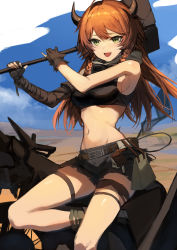 Rule 34 | 1girl, :d, absurdres, arknights, bandaged arm, bandages, bandeau, bare shoulders, belt, black footwear, black gloves, black shorts, boots, braid, breasts, croissant (arknights), croissant (seeker) (arknights), crop top, desert, fingerless gloves, gloves, goggles, goggles around neck, green eyes, hammer, highres, holding, holding hammer, holding weapon, horns, leg up, long hair, looking at viewer, medium breasts, midriff, molyb, motor vehicle, motorcycle, navel, official alternate costume, open mouth, orange hair, outdoors, over shoulder, short shorts, shorts, sleeveless, smile, solo, stomach, thigh strap, thighs, twin braids, weapon, weapon over shoulder