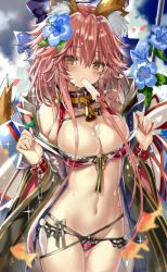Rule 34 | 1girl, bell, blue bow, blue flower, blush, bow, breasts, brown eyes, chain, character request, cleavage, cloud, commentary request, fate/grand order, fate (series), flower, groin, hair between eyes, hair bow, hair flower, hair ornament, holding, large breasts, long hair, looking at viewer, navel, pink hair, shino (eefy), sky, solo, tamamo no mae (fate/extra), weapon, wet