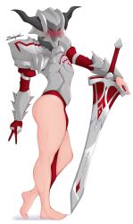 Rule 34 | 1girl, armor, artist name, barefoot, blonde hair, bottomless, fate/grand order, fate (series), full body, gauntlets, gloves, gorget, helmet, highres, horns, looking at viewer, mordred (fate), pauldrons, plate armor, shoulder armor, single gauntlet, single glove, solo, sword, weapon, white background, zealyush