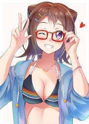 Rule 34 | 10s, 1girl, ;d, adjusting eyewear, aranami shibuki, bang dream!, bespectacled, bikini, blue jacket, blush, border, breasts, brown hair, cleavage, collarbone, commentary request, cone hair bun, drawstring, glasses, grey background, grin, hair bun, hair ornament, hairclip, hands up, highres, jacket, long sleeves, looking at viewer, medium breasts, nail polish, one eye closed, open clothes, open jacket, open mouth, outside border, pink nails, purple eyes, red-tinted eyewear, short hair, simple background, smile, solo, star (symbol), striped bikini, striped clothes, swimsuit, teeth, tinted eyewear, toyama kasumi, upper body, w, white background, white border, wristband