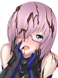 Rule 34 | 1girl, :d, bare shoulders, black-framed eyewear, black gloves, blush, chocolate, elbow gloves, fate/grand order, fate (series), glasses, gloves, hair over one eye, highres, light purple hair, looking at viewer, mash kyrielight, mousou fukuza gata, nose blush, open mouth, purple eyes, semi-rimless eyewear, sexually suggestive, short hair, smile, solo, tongue, tongue out, under-rim eyewear, upper body, white background