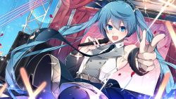 Rule 34 | 1girl, :d, absurdres, armpits, black necktie, black skirt, black sleeves, black thighhighs, blue eyes, blue hair, blue hairband, blue nails, checkered floor, detached sleeves, floating hair, hair between eyes, hairband, hatsune miku, highres, holding, holding microphone, huge filesize, idol, long hair, long sleeves, looking at viewer, microphone, miniskirt, nail polish, necktie, open mouth, skirt, smile, solo, stage, thighhighs, twintails, very long hair, vocaloid, yuken 52