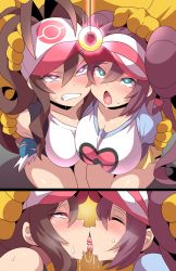Rule 34 | 2girls, bare shoulders, blush, breasts, bright pupils, brown hair, cleavage, clenched teeth, closed eyes, creatures (company), double bun, drooling, forced, french kiss, from side, game freak, gen 1 pokemon, hair between eyes, hair bun, hand on another&#039;s head, hat, highres, hilda (pokemon), hypno, hypnosis, kiss, konno tohiro, large breasts, long hair, mind control, multiple girls, nintendo, open mouth, pokemon, pokemon (creature), pokemon bw, pokemon bw2, pokephilia, ponytail, profile, rolling eyes, rosa (pokemon), saliva, saliva trail, sweat, teeth, tongue, twintails, visor cap, yuri