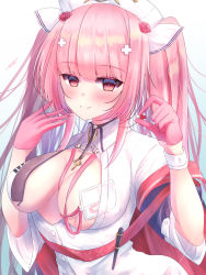 Rule 34 | 1girl, artist name, azur lane, blunt bangs, blush, breasts, cleavage, collar, cuffs, eyes visible through hair, gloves, hair ornament, half gloves, hat, highres, holding, id card, jewelry, lanyard, large breasts, long hair, looking at viewer, nurse, nurse cap, open clothes, open shirt, pen, perseus (azur lane), perseus (unfamiliar duties) (azur lane), pill, pink gloves, pink hair, poco., signature, smile, solo, twintails, unbuttoned, unbuttoned shirt, upper body, white background