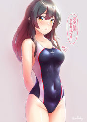 Rule 34 | 1girl, arthur ko, bare arms, bare legs, bare shoulders, black hair, black one-piece swimsuit, blush, collarbone, competition swimsuit, covered navel, cowboy shot, grey background, groin, hair between eyes, hair ornament, highres, kantai collection, long hair, one-piece swimsuit, open mouth, oyashio (kancolle), simple background, solo, swimsuit, translation request, twitter username, yellow eyes