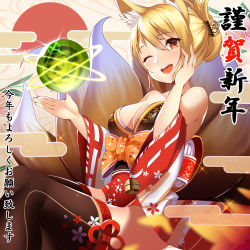 Rule 34 | 1girl, ;d, animal ears, bare shoulders, black thighhighs, blonde hair, blush, bow, bridal garter, brown hair, cloud, egasumi, eyebrows, floating, floral print, folded ponytail, fox ears, fox tail, ge bow, hair between eyes, hair tubes, hand on own cheek, hand on own face, head tilt, japanese clothes, kimono, kitsune, kurogoma (haruhi3), long sleeves, looking at viewer, multiple tails, off shoulder, one eye closed, open clothes, open kimono, open mouth, orange bow, orb, original, palms, ponytail, red ribbon, ribbon, sash, short hair, smile, solo, sparkle, sun, tail, teeth, thighhighs, thighs, translation request, wide sleeves