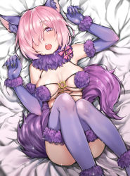 Rule 34 | 1girl, animal ears, blush, breasts, chestnut mouth, detached collar, elbow gloves, fate/grand order, fate (series), fingernails, from above, gloves, heart, heart-shaped pupils, highres, kemonomimi mode, lace, lace-trimmed legwear, lace trim, large breasts, legs up, long fingernails, looking at viewer, lying, mash kyrielight, mash kyrielight (dangerous beast), o-ring, o-ring top, official alternate costume, on back, open mouth, pink hair, purple eyes, purple gloves, purple thighhighs, saliva, sharp fingernails, short hair, solo, sparkle, sunege (hp0715), symbol-shaped pupils, tail, thighhighs, wolf ears, wolf tail