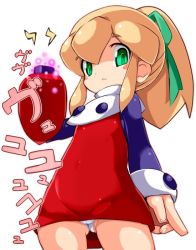 Rule 34 | 1girl, arm cannon, closed mouth, dress, female focus, flat chest, green eyes, karukan (monjya), long hair, looking at viewer, mega man (classic), mega man (series), panties, ponytail, red dress, red skirt, roll (mega man), simple background, skirt, solo, underwear, weapon, white background, white panties