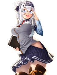 Rule 34 | 1girl, :d, black-framed eyewear, blue eyes, blue headband, blue sailor collar, blue shirt, blue skirt, commentary request, cosplay, folded ponytail, glasses, headband, hip vent, holding, kamoi (kancolle), kantai collection, long hair, long sleeves, ooyodo (kancolle) (cosplay), ooyodo (kancolle), open mouth, pleated skirt, sailor collar, shirt, simple background, skirt, smile, solo, unowen, white background, white hair