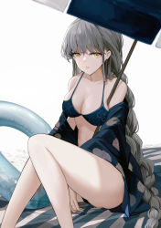 Rule 34 | 1girl, absurdres, amamizu shizuku, bare legs, bare shoulders, bikini, blue bikini, blue robe, braid, braided ponytail, breasts, cleavage, closed mouth, collarbone, commission, grey hair, highres, legs, long hair, looking at viewer, medium breasts, open clothes, open robe, original, revision, robe, sitting, skeb commission, solo, swimsuit, thighs, towel, umbrella, white background, yellow eyes