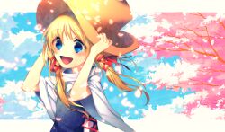 Rule 34 | 1girl, black vest, blonde hair, blue eyes, blush stickers, brown hat, cherry, cherry blossoms, falling petals, food, fruit, hair ribbon, hat, long hair, looking ahead, moriya suwako, no nose, open mouth, petals, red ribbon, ribbon, solo, sui~tsu, touhou, tree, vest, wide sleeves