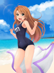 Rule 34 | 1girl, antenna hair, bare arms, bare legs, bare shoulders, beach, black one-piece swimsuit, blue sky, breasts, brown hair, cameltoe, cloud, commentary request, covered navel, day, fang, feet out of frame, green eyes, hands up, horizon, koshigaya komari, long hair, looking at viewer, medium breasts, non non biyori, nonaka ritsu, ocean, old school swimsuit, one-piece swimsuit, open mouth, outdoors, parted bangs, school swimsuit, sky, solo focus, standing, swimsuit, towel, very long hair, water, wavy mouth