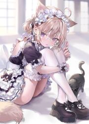 Rule 34 | 1girl, ahoge, animal ear fluff, animal ears, apron, closed mouth, extra ears, fox ears, fox tail, frilled apron, frilled thighhighs, frills, glasses, highres, light brown hair, looking at viewer, maid, maid apron, maid headdress, medium hair, momoko (momopoco), original, purple eyes, sitting, solo, tail, thighhighs, tongue, tongue out, white thighhighs