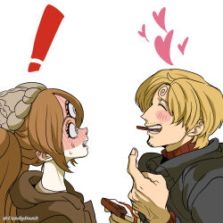 Rule 34 | !, 1boy, 1girl, absurdres, black coat, blonde hair, blue eyes, blush, breasts, brown hair, candy, charlotte pudding, chocolate, chocolate bar, closed eyes, coat, commentary, curly eyebrows, dress, english commentary, facial hair, food, food in mouth, full-face blush, goatee, hair over one eye, hat, heart, hetero, highres, holding, holding chocolate, holding food, long hair, long sleeves, looking at another, mouth hold, one piece, open mouth, rita ya, sanji (one piece), short hair, sweatdrop, sweater, teeth, third eye, twintails, twitter username