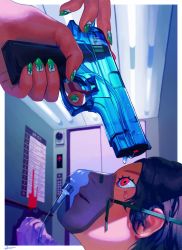 Rule 34 | ayumi (830890), black hair, blood, blurry, blurry background, close-up, commentary, elevator, finger on trigger, from below, gun to head, highres, indoors, interior, looking up, nail art, nail polish, original, outside border, oxygen mask, red eyes, signature, water, water drop, water gun