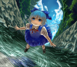 Rule 34 | 1girl, bad id, bad pixiv id, belko, blue eyes, blue hair, bow, cirno, cloud, day, dress, dress shirt, face, flying, forest, hair bow, ice, matching hair/eyes, nature, puffy sleeves, ribbon, river, scenery, shirt, short hair, sky, socks, solo, touhou, water, wings