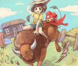 Rule 34 | 1girl, alternate color, bare arms, black eyes, black hair, blue shorts, blue sky, brown footwear, building, bull, cloud, commentary request, creatures (company), day, ditto, door, fence, floral print, game freak, gameplay mechanics, gen 1 pokemon, gen 2 pokemon, grass, hand on headwear, hat, hay, haystack, hooves, horns, looking down, magby, multiple tails, nintendo, open mouth, outdoors, pokemon, pokemon (creature), pokemon sm, polyacryla, ranch, riding, riding pokemon, rock, selene (pokemon), shiny pokemon, shirt, shoes, short hair, short sleeves, shorts, sky, socks, tail, tauros, tongue, white hat, window, wooden door, wooden fence, yellow shirt