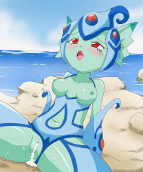 Rule 34 | 1girl, after vaginal, ass, breasts, censored, clothing aside, clothing cutout, cum, cum in pussy, digimon, digimon frontier, frog girl, helmet, highres, navel cutout, nipples, one-piece swimsuit, pussy, ranamon, red eyes, shiny skin, spread legs, sui budou, swimsuit, swimsuit aside, water