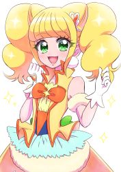 Rule 34 | 1girl, :d, absurdres, blonde hair, bow, brooch, bubble skirt, cone hair bun, cure sparkle, double bun, earrings, gloves, green eyes, hair bun, hair ornament, healin&#039; good precure, heart, heart hair ornament, highres, hiramitsu hinata, jewelry, layered skirt, looking at viewer, magical girl, medium hair, open mouth, orange bow, pom pom (clothes), pom pom earrings, precure, rii (rii0 02), simple background, skirt, smile, solo, standing, star brooch, twintails, upper body, white background, white gloves, white skirt