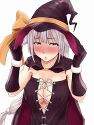 Rule 34 | 1girl, :o, animal ears, blush, bow, breasts, cape, cleavage, covering own ears, cross-laced clothes, dress, gloves, hat, hat bow, large breasts, long hair, low-tied long hair, magekichi, original, pink eyes, silver hair, solo, witch, witch hat