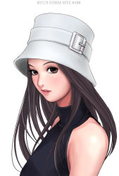 Rule 34 | 1girl, bare shoulders, brown eyes, brown hair, hat, lips, lipstick, long hair, makeup, portrait, ryu (ryu&#039;s form site), simple background, solo, turtleneck