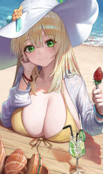 Rule 34 | 1girl, absurdres, beach, bikini, blonde hair, blue archive, blush, bracelet, breasts, cleavage, closed mouth, food, fork, fruit, green eyes, highres, hwan (verypoor), jewelry, large breasts, large hat, long hair, long sleeves, looking at viewer, nonomi (blue archive), nonomi (swimsuit) (blue archive), outdoors, sandwich, shirt, smile, solo, strawberry, swimsuit, table, water, white headwear, white shirt, yellow bikini