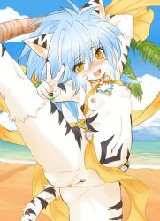 Rule 34 | 1girl, animal ears, animal print, anus, bad id, bad pixiv id, beach, blue hair, blue sky, blush, breasts, breath, cat ears, cat tail, censored, cleft of venus, cloud, day, fang, fingernails, flower, furry, furry female, fuurin rei, jewelry, kino ayuri, leg up, looking at viewer, necklace, nipples, ocean, open mouth, original, outdoors, palm tree, pointless censoring, pussy, pussy juice, sand, sharp fingernails, short hair, sky, small breasts, solo, spread legs, sweat, tail, thighhighs, tiger print, tree, v, white thighhighs, yellow eyes