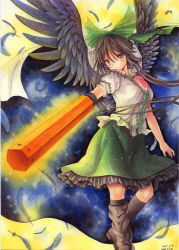 Rule 34 | 1girl, arm cannon, bird wings, black wings, bow, brown hair, cape, colored pencil (medium), feathers, hair bow, long hair, mosho, painting (medium), red eyes, reiuji utsuho, shirt, skirt, solo, space, third eye, touhou, traditional media, very long hair, watercolor (medium), weapon, wings