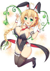 Rule 34 | 1girl, :d, ahoge, animal ears, armpits, balloon vine (flower knight girl), black footwear, black leotard, black thighhighs, blonde hair, blush, bow, braid, breasts, cleavage, collarbone, covered navel, detached collar, earrings, extra ears, fake animal ears, flower knight girl, full body, green eyes, hair ornament, hairclip, heart, heart-shaped pupils, heart hair ornament, high heels, highres, jewelry, large breasts, leotard, long hair, looking at viewer, mizuki (kogetsu-tei), name connection, necktie, object namesake, open mouth, playboy bunny, rabbit ears, red bow, red necktie, single braid, smile, solo, symbol-shaped pupils, thighhighs, white background, wrist cuffs