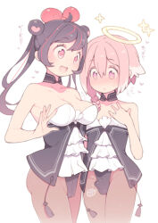 1boy 1girl :d bare_arms bare_shoulders black_hair black_pantyhose breasts bulge cameltoe commentary_request cowboy_shot cross-shaped_pupils crossdressing detached_collar double_bun erection erection_under_clothes hair_bun halo heart heart-shaped_pupils large_breasts long_hair multicolored_hair nyakkuru open_mouth original pantyhose parted_lips pink_eyes pink_hair red_hair short_hair simple_background smile streaked_hair symbol-shaped_pupils trap twintails white_background yellow_halo