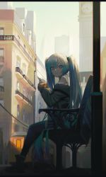 Rule 34 | 1girl, bench, black thighhighs, blue eyes, blue hair, boots, building, city, clock, clock tower, commentary, drink, english commentary, from below, hatsune miku, highres, holding, holding drink, looking at viewer, miniskirt, off-shoulder sweater, off shoulder, outdoors, pleated skirt, scenery, sitting, skirt, smile, solo, streetcar, sweater, thighhighs, tower, twintails, vocaloid, xeonomi
