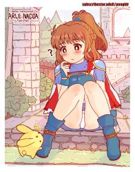 Rule 34 | 1girl, arle nadja, armor, ass, bare legs, blush, boots, border, brown hair, cape, carbuncle (puyopuyo), castle, clothes lift, clueless, english text, forest, gloves, hair ornament, legs, long hair, madou monogatari, miniskirt, nature, outdoors, panties, pongldr, ponytail, puyopuyo, ruins, self-upload, size difference, skirt, skirt lift, solo focus, spread legs, thighs, underwear, white border, white panties