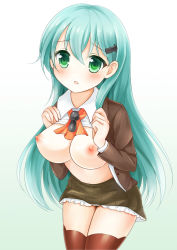 Rule 34 | 10s, 1girl, bad id, bad pixiv id, breasts, brown thighhighs, green eyes, green hair, hair ornament, hairclip, kantai collection, large breasts, long hair, nikoo, nipples, no bra, open clothes, open shirt, perky breasts, shirt, skirt, solo, suzuya (kancolle), thighhighs, zettai ryouiki