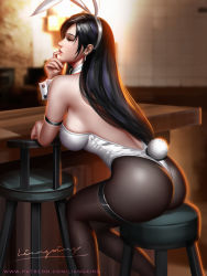 Rule 34 | 1girl, animal ears, ass, black hair, black pantyhose, breasts, detached collar, earrings, fake animal ears, final fantasy, final fantasy vii, highres, jewelry, large breasts, leotard, liang xing, lipstick, long hair, makeup, pantyhose, playboy bunny, rabbit ears, rabbit tail, sitting, solo, square enix, tagme, tail, thigh strap, tifa lockhart
