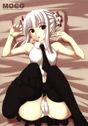 Rule 34 | 1girl, alternate costume, alternate hairstyle, armpits, arms up, bare shoulders, bed, black thighhighs, cameltoe, contemporary, double bun, feet, female focus, foot focus, foreshortening, fujiwara no mokou, hair bun, hair ribbon, highres, jema, legs, long hair, lying, necktie, no shoes, on back, open mouth, panties, red eyes, ribbon, shirt, skirt, sleeveless, sleeveless dress shirt, sleeveless shirt, soles, solo, thighhighs, toe scrunch, toes, touhou, underwear, white hair, white panties