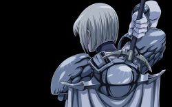 Rule 34 | 00s, armor, cape, clare (claymore), claymore (series), from behind, highres, non-web source, short hair, simple background, sword, weapon