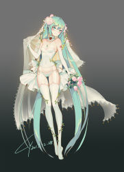 Rule 34 | 1girl, 2017, absurdly long hair, blue hair, blush, bouquet, breasts, choker, cleavage, collarbone, covered navel, dated, flower, full body, garter straps, gradient background, green eyes, grey background, hair flower, hair ornament, hatsune miku, head tilt, highres, holding, holding bouquet, jewelry, lian yao, long hair, necklace, panties, pink flower, shiny skin, side-tie panties, signature, small breasts, smile, solo, standing, strapless, thighhighs, twintails, underwear, very long hair, vocaloid, white panties, white thighhighs