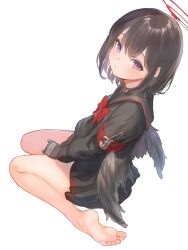 Rule 34 | 1girl, absurdres, armband, bare legs, barefoot, black gloves, black hair, black serafuku, black wings, blue archive, blush, feathered wings, gloves, halo, highres, looking at viewer, marulire, mashiro (blue archive), purple eyes, red armband, red halo, school uniform, serafuku, short hair, simple background, sitting, soles, solo, toes, wariza, white background, winged halo, wings