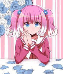 Rule 34 | 1girl, blue eyes, colored tips, elbows on table, flower, hair flower, hair ornament, highres, hiiragi nana, long sleeves, multicolored hair, munou na nana, own hands clasped, own hands together, petals, pink hair, rose, rose petals, school uniform, solo, twintails, two-tone hair, yukisa