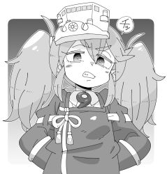 Rule 34 | 1girl, arms behind back, blush, clenched teeth, commentary request, greyscale, hair between eyes, hat, japanese clothes, kantai collection, kariginu, long hair, long sleeves, looking at viewer, magatama, monochrome, ryuujou (kancolle), shin (shin k009), sidelocks, simple background, solo, tassel, teeth, twintails, upper body, visor cap