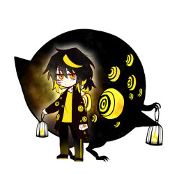 Rule 34 | 1boy, big bird (project moon), black hair, black jacket, black pants, blonde hair, chinese commentary, closed mouth, commentary request, creature and personification, extra eyes, hand eye, holding, holding lantern, jacket, lantern, lobotomy corporation, long sleeves, low ponytail, multicolored hair, open clothes, open jacket, pants, personification, project moon, shirt, short ponytail, simple background, white background, yellow eyes, yellow shirt, zhi (chengdizhe)