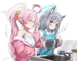 Rule 34 | 2girls, :/, ahoge, animal ear fluff, animal ears, apron, bare shoulders, blue apron, blue archive, blue eyes, blush, bowl, bright pupils, camisole, chocolate, chocolate on face, closed eyes, closed mouth, collared shirt, cross hair ornament, extra ears, faucet, finger in own mouth, food, food on face, frilled camisole, frills, grey hair, hair flaps, hair ornament, hair scrunchie, halo, hand in pocket, highres, holding, holding bowl, holding spatula, holding utensil, hoshino (blue archive), jacket, long hair, long sleeves, looking at another, medium hair, mismatched pupils, multiple girls, open clothes, open jacket, pink hair, ponytail, saucepan, scrunchie, shiroko (blue archive), shirt, side-by-side, sidelocks, sideways glance, signature, sink, sleeves rolled up, spatula, sweatdrop, tile wall, tiles, translation request, upper body, very long hair, white background, white camisole, white pupils, wolf ears, yellow scrunchie, yo na