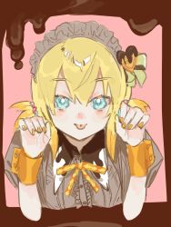 Rule 34 | 1girl, blonde hair, blue eyes, center frills, chocolate, edna (tales), frills, grey shirt, hair between eyes, heart, highres, looking at viewer, maid headdress, nail polish, orange ribbon, outline, puffy short sleeves, puffy sleeves, ribbon, shirt, short hair, short sleeves, short twintails, skirt, solo, striped, striped background, tales of (series), tales of zestiria, tongue, tongue out, twintails, valentine, vertical stripes, white outline, wrist cuffs, yellow nails