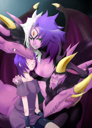 Rule 34 | 2girls, aged down, bare shoulders, breasts, child, choker, claws, demon girl, demon wings, dragon, dual persona, duel monster, female focus, gradient background, heterochromia, horns, kagamimochi, lipstick, makeup, multicolored hair, multiple girls, purple hair, split-color hair, third eye, two-tone hair, white hair, wings, yu-gi-oh!, yu-gi-oh! gx, yubel