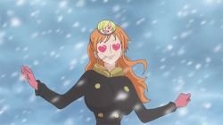 Rule 34 | 1girl, animated, animated gif, bare shoulders, blizzard, bouncing breasts, breasts, cigarette, coat, earrings, female focus, gloves, heart, heart-shaped pupils, huge breasts, jewelry, jogging, long hair, lowres, nami (one piece), one piece, open mouth, orange hair, personality switch, running, sanji (one piece), snow, snowing, solo, symbol-shaped pupils, teeth, tongue, upper body, wavy hair
